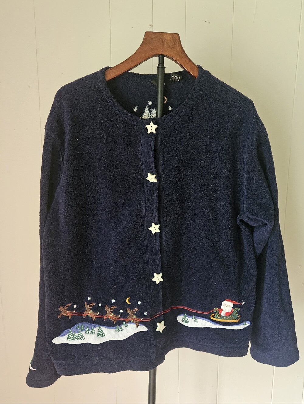 croft & barrow Navy Holiday Cardigan with Santa and Reindeer Embroidery Size XL